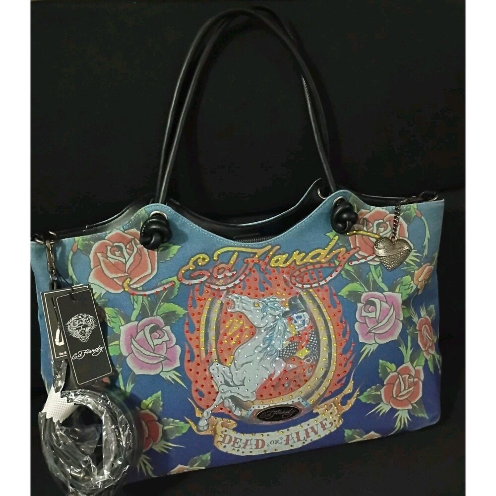 Ed Hardy "Dead or Alive " Denim Tote Bag Rhinestone Rose Horse Skeleton